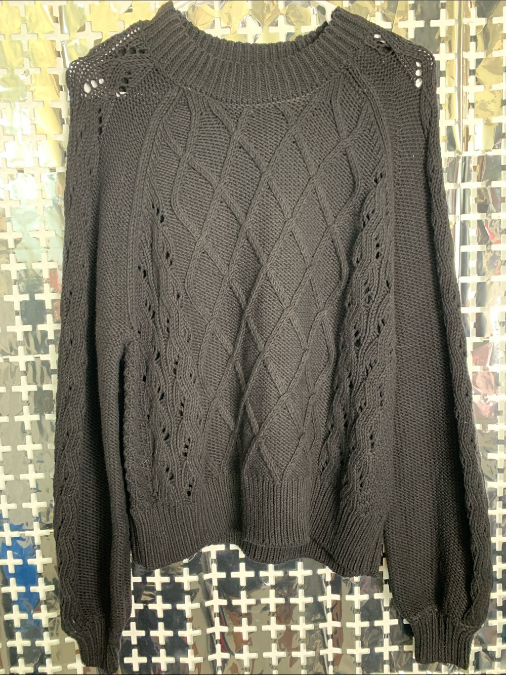 LOFT Black Openwork Cable Crewneck Sweater